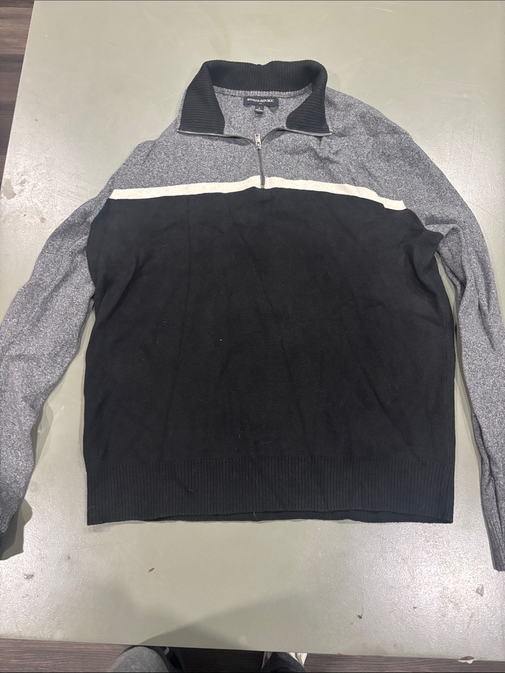 Banana Republic Black and Gray Zip-Up Sweater with Cream Stripe